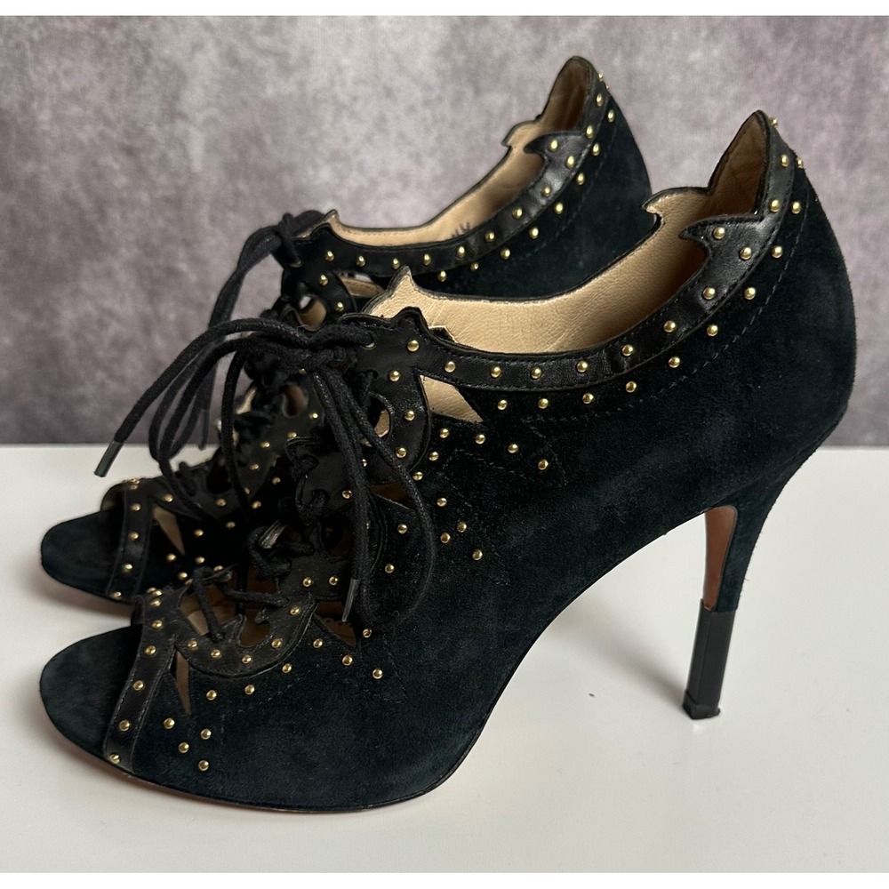 Pour La Victoire Black Suede Studded Lace Up Open Toe Stiletto Heels Size 9